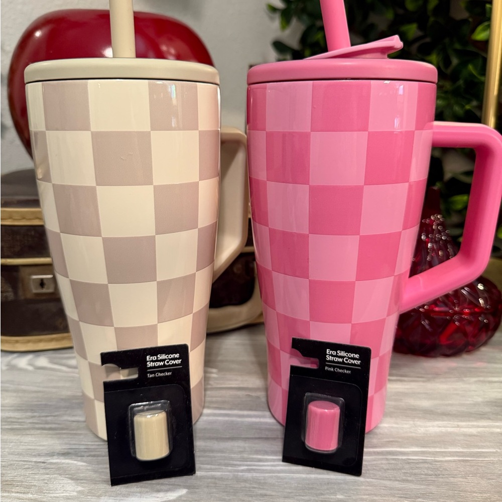 BrüMate 30oz Checkered Pink and Tan Tumbler Set new Straw Covers Good Used Cond